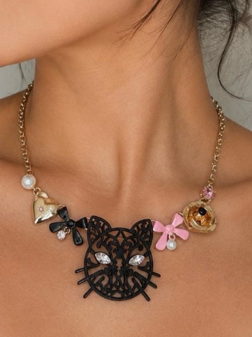 New Betsey Johnson Black Cat & Bows  Necklace